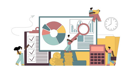 Concept teacher conducts an online lesson. Little people learning using gadgets and internet. Vector flat illustration
