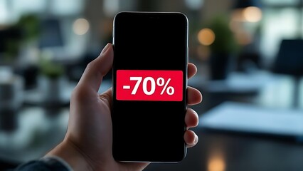 A smartphone screen shows a flash sale discount notification. Ideal for digital marketing, online shopping, and e-commerce promotion visuals