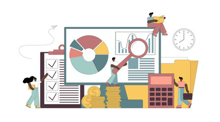Consulting Auditor Auditing Financial Report. Vector Flat Illustration on white background