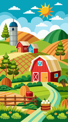 Fototapeta premium Vibrant cartoon farm scene with red barns silo rolling hills pumpkins and a sunny sky