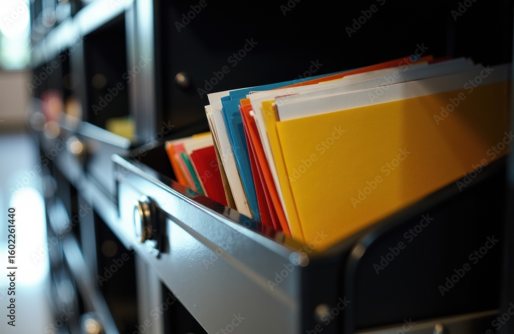Poster file folders in a filing cabinet drawer with colorful tabs and labels, organized for document storag