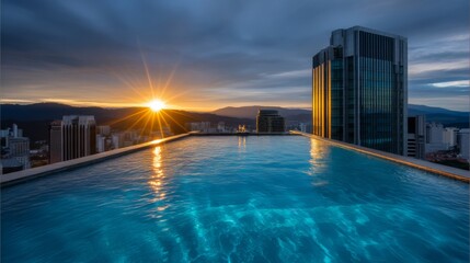 Fototapeta premium Stunning sunset reflection over infinity pool in urban landscape modern cityscape serene evening atmosphere