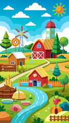 Fototapeta premium Vibrant cartoon farm scene with barns windmill water and sunny blue sky
