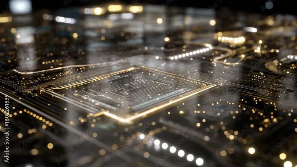Poster electronic circuitry illuminated: a close-up perspective reveals an intricate electronic circuit boa
