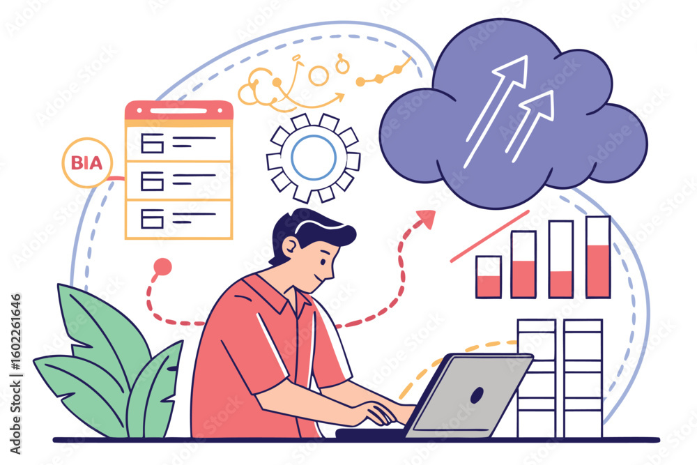 Poster professional working on data analytics and cloud computing in a modern workspace surrounded by digit