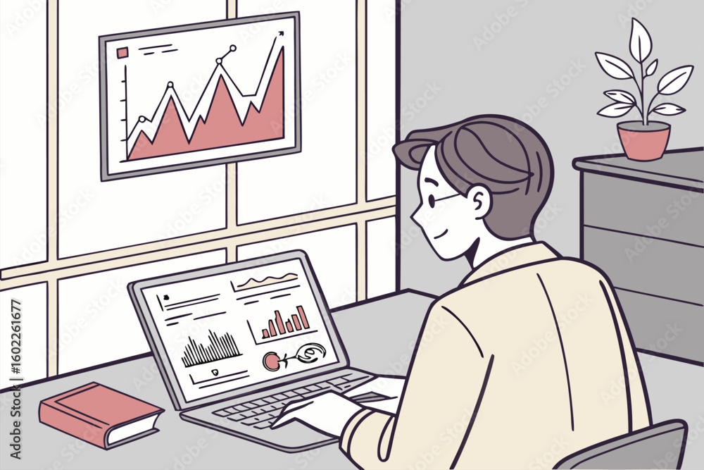 Poster professional working on financial analysis and data presentation in a modern office environment with