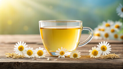 Chamomile tea cup with daisy flowers on wooden table 