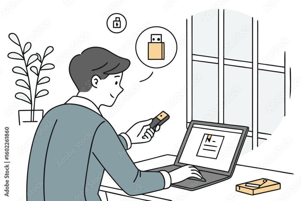 Poster using a usb drive at a desk for secure data transfer while working from home in a modern workspace w
