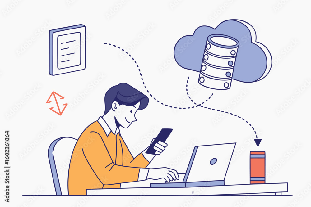 Poster young man using laptop and smartphone for cloud data management in modern workspace environment duri