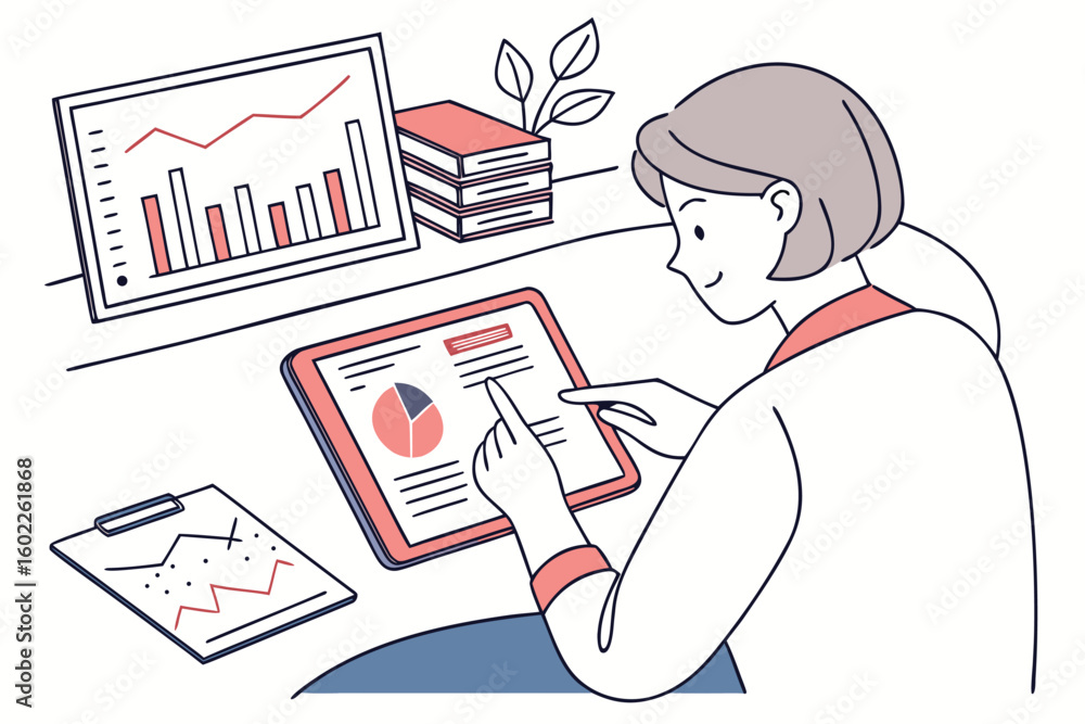 Poster analyzing data and creating reports using technology in a modern workspace during daytime