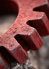 Close-up of a rusty, red metal gear, showing texture and detail of its teeth against a blurred background