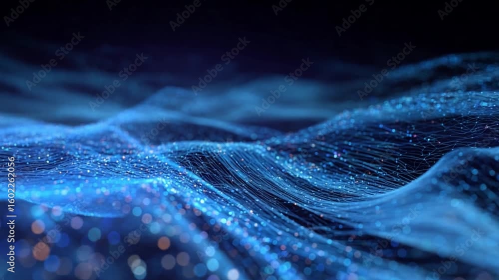 Poster celestial flow: a captivating abstract visualization of fluid dynamics, with undulating waves of glo
