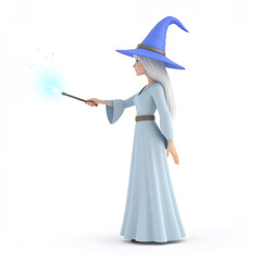 Naklejka premium Wizard magic spell wand blue hat long dress female fantasy mystical glowing