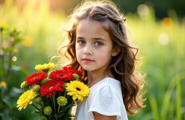 Fototapeta premium Young girl holding a colorful bouquet of flowers outdoors in natural sunlight