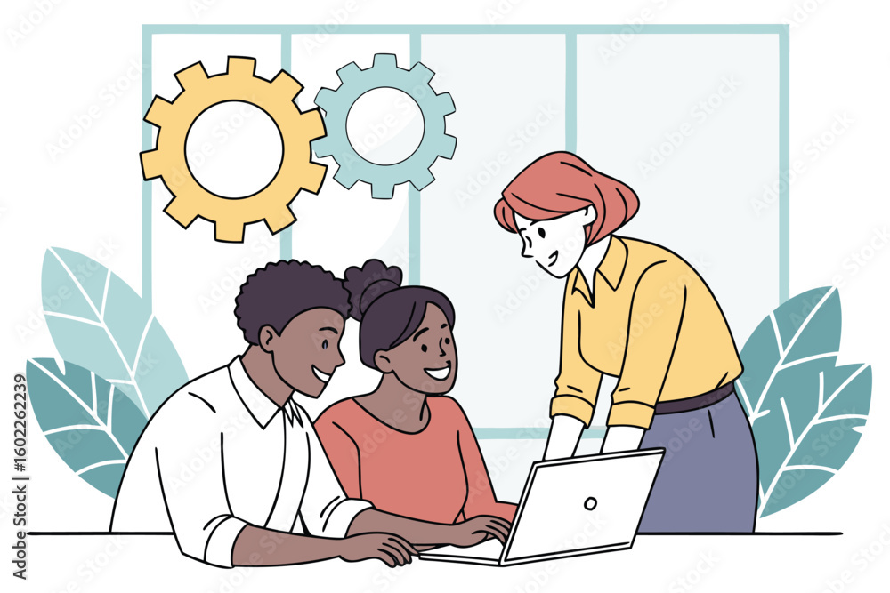 Poster collaborative teamwork in a modern office with diverse individuals engaging in a project while using