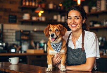 Happy woman with a dog in a cozy cafe setting, smiling and enjoying her time