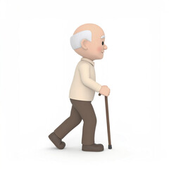 Elderly man walking with cane side view, wearing beige shirt and brown pants, smiling gently, isolated on white background with soft details and simple design