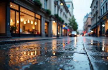 Fototapeta premium Wet city street reflecting lights and storefronts during evening hours with a blurred background