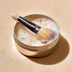 A make-up brush, light beige handle and brown bristles, is immersed in sudsy, off-white liquid soap in a round, metallic container