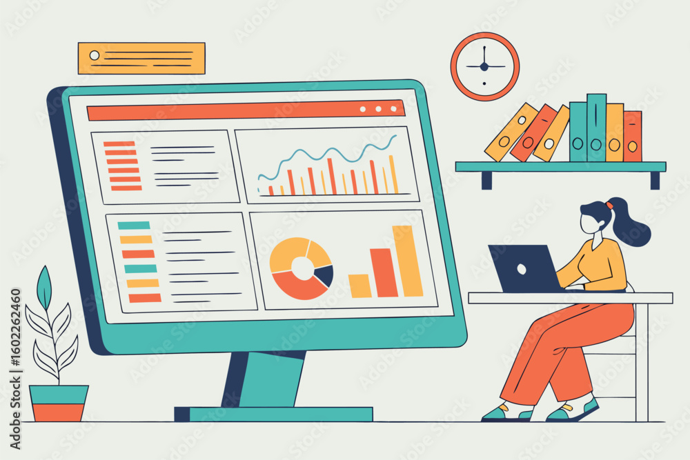 Poster professional working on data analytics with a large screen displaying colorful graphs and charts in 
