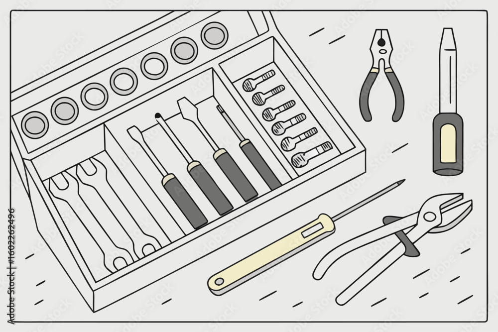 Poster tools arranged neatly in a toolbox showing wrenches, screwdrivers, and pliers on a work surface in a