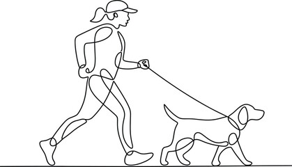 Continuous line drawing of a person walking a dog outdoors