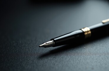 A close-up of a black fountain pen resting on a dark surface