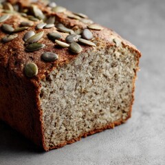 A loaf of banana bread, speckled with pumpkin seeds, rests on a dark gray surface, revealing a moist, crumbly interior.  Its slightly browned top and textured crust suggest a homemade, rustic quality