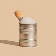 A metal tin filled with shaving foam, with a brush