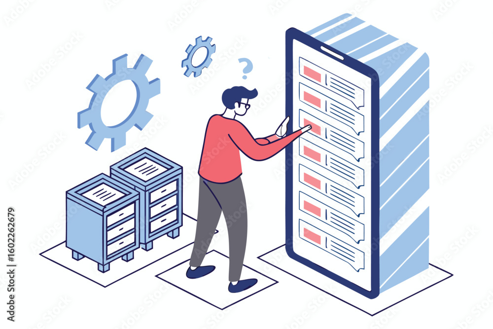 Poster person interacting with large mobile device and data storage, analyzing information in a modern digi