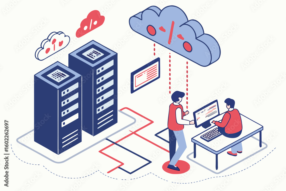 Poster server maintenance and cloud data management illustrated in a modern workspace showcasing users trou