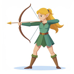 Obraz premium Elf archer with long blonde hair aiming bow and arrow, wearing green medieval outfit and brown boots, standing in focused stance on white background