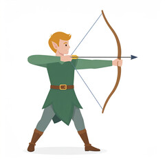 Elf archer character illustration aiming with bow and arrow in side view, wearing green medieval outfit and brown boots, fantasy style with focused expression