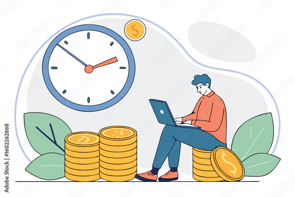 Poster person working on laptop surrounded by coins and clock, illustrating time management and finance con