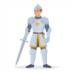 Medieval knight in armor holding sword with cross emblem on chest standing confidently on white background