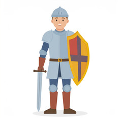 Medieval knight character illustration wearing armor holding sword and shield with cross symbol standing smiling on white background