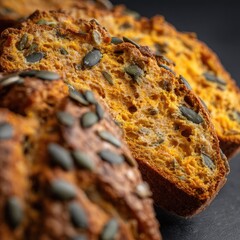 Close-up of three slices of pumpkin bread, speckled with pumpkin seeds, showing a rustic, crumbly texture and rich orange hue against a dark background