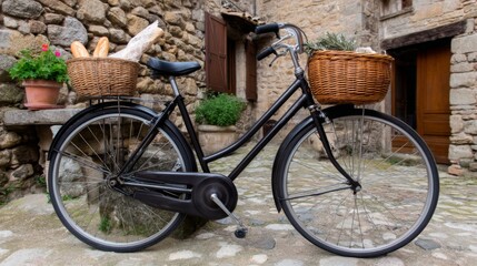 Charming bicycle with baskets of bread quaint village photography cobblestone street eye-level view lifestyle inspiration