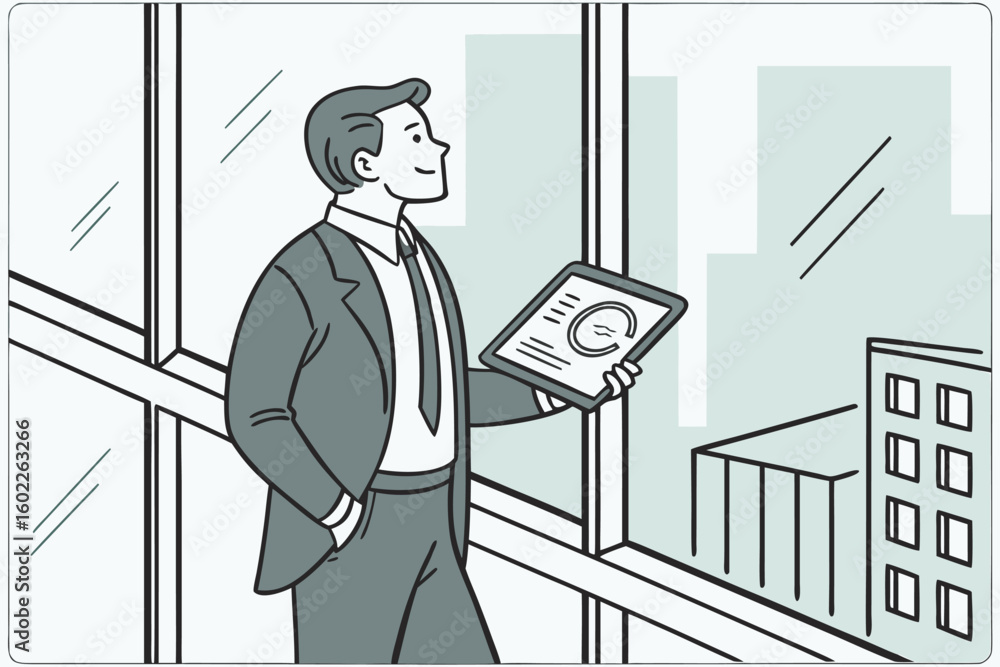 Poster business professional reviews data on tablet while standing by office window with city view during d