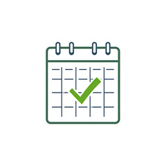 Calendar icon with green checkmark symbolizing completed task or confirmed date, simple flat design with neat layout and clear grid lines for easy planning and scheduling