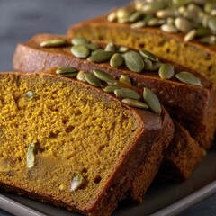 Slices of moist pumpkin bread, studded with pumpkin seeds, rest on a gray rectangular plate against a dark background.  The warm tones of the bread are inviting