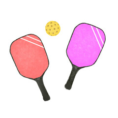 Handwriting Pickleball red and pink pair paddles with balls illustration , watercolor, outdoor sports	