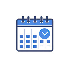 Calendar icon with checkmark symbolizing scheduled event or completed task in blue and white colors on transparent background