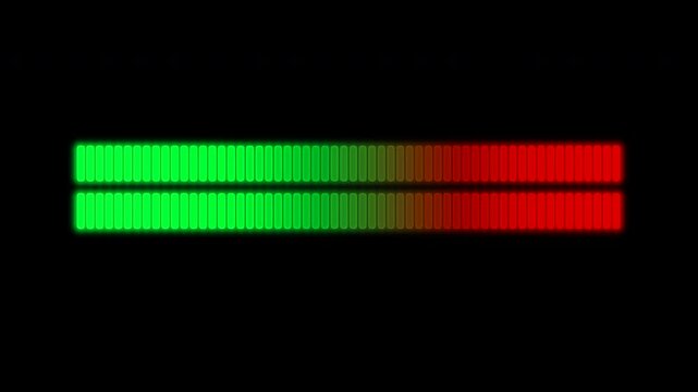 Animated audio volume unit meter levels fluctuating green to red