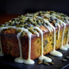 A loaf of golden-hued quick bread, adorned with a white glaze and scattered pumpkin seeds, rests on a dark slate surface.  The glaze drips artistically down the sides, enhancing its rustic appeal