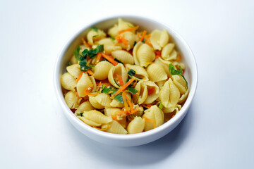 Cooked Vegetable Pasta in White Bowl - Isolated on White