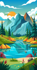 Vibrant stylized mountain landscape with a calm lake reflecting the sky and sun