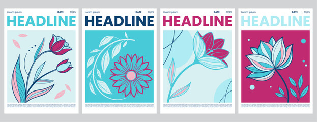 Modern Floral Poster Set with sky blue tones