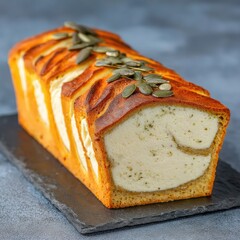 A loaf of pumpkin and cream cheese bread, adorned with pumpkin seeds, rests on a dark slate rectangle against a mottled grey background.  Its layers are visible, showcasing a marbled interior