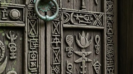 Ornate Wooden Door with Carved Symbols and Verdigris Handle Close-Up Video - Powered by Adobe
